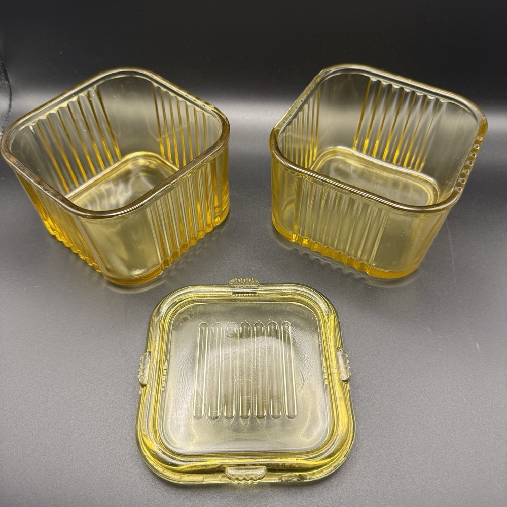 Set Of Vintage Amber Ribbed Glass Refrigerator Dishes, ONLY 1 LID! Federal Glass